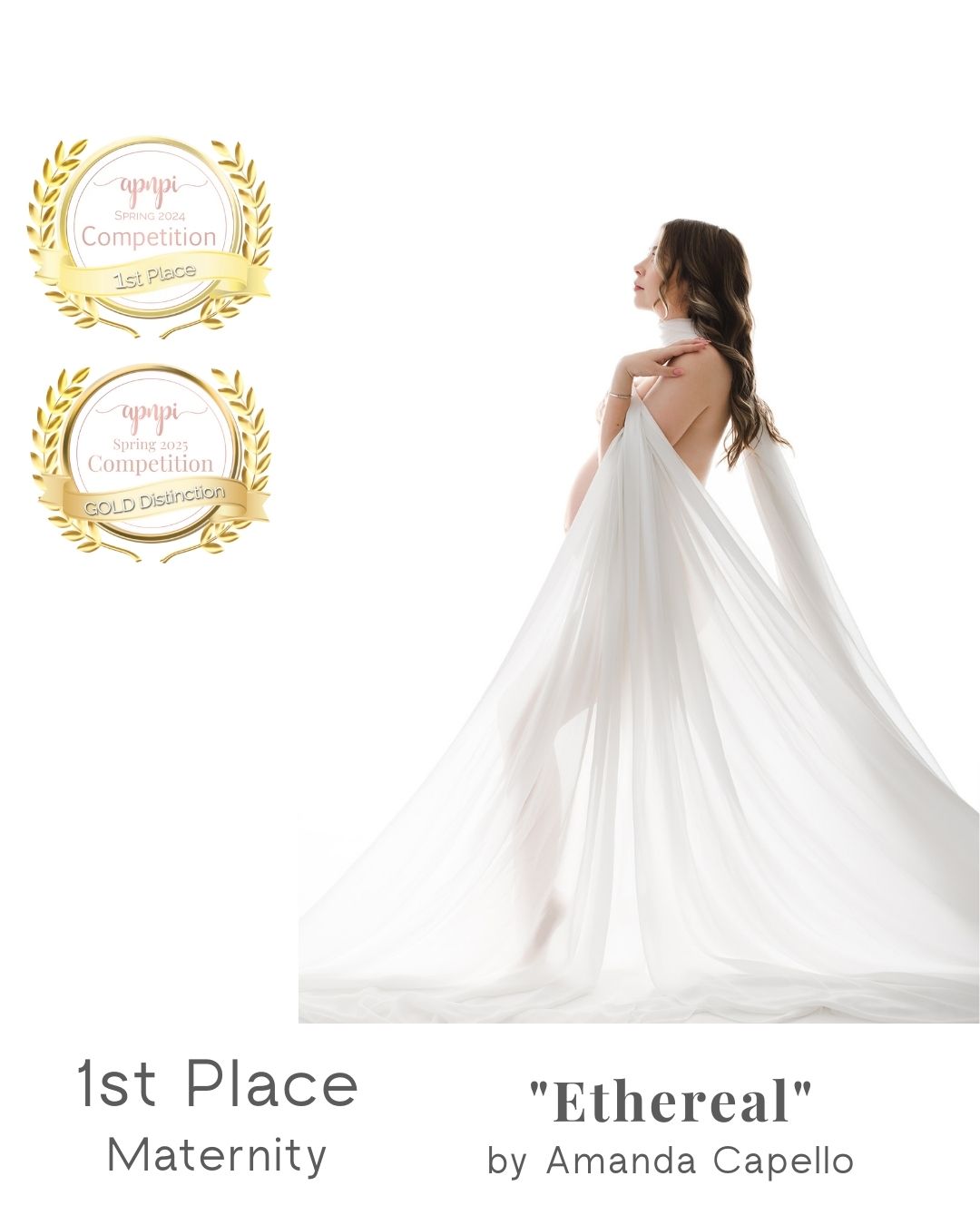 maternity photography woman draped in white sheer fabric looking serene